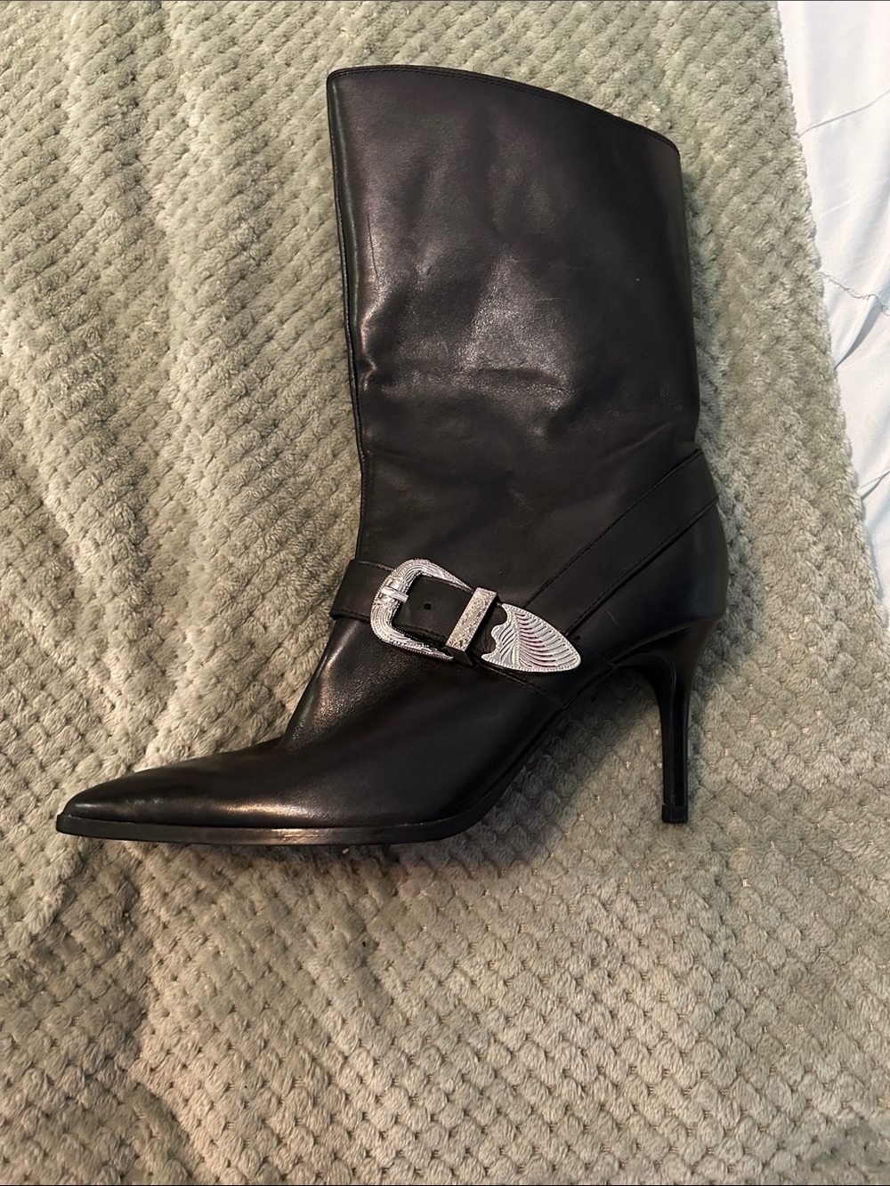 Women's Black Leather Knee-High Stiletto Boots with Cowboy Silver Buckle